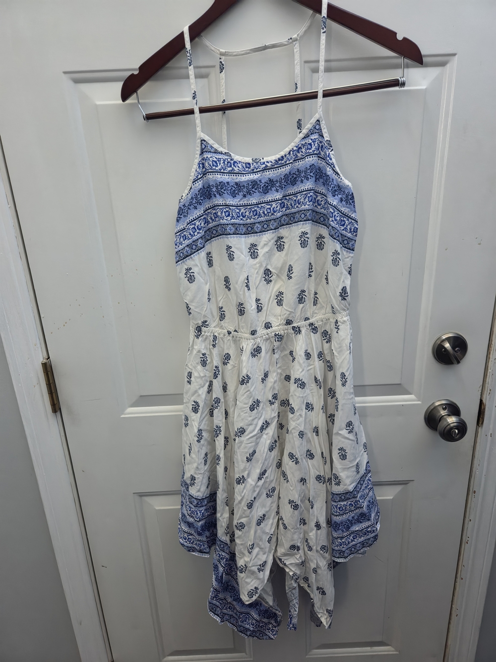 Place White Dress with Blue Tile-Print Detail